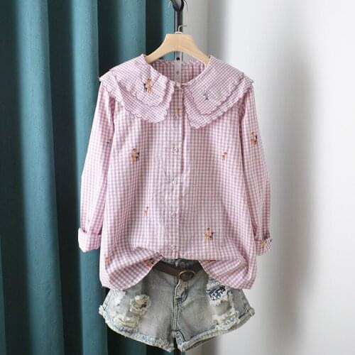 FairyNatural Women Unique Cartoon Match Embroidery Shirts Plaid Kawaii Cotton Layers Peter Pan Collar Ladies Blouse 2021 Autumn