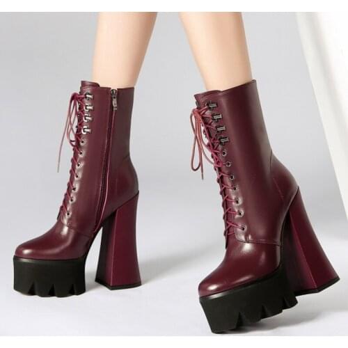 Super High Heels Handmade Genuine Leather Women Boots Round Toe Chunky Heels Platform Women Shoes Cross Tie Zipper Martin Boots