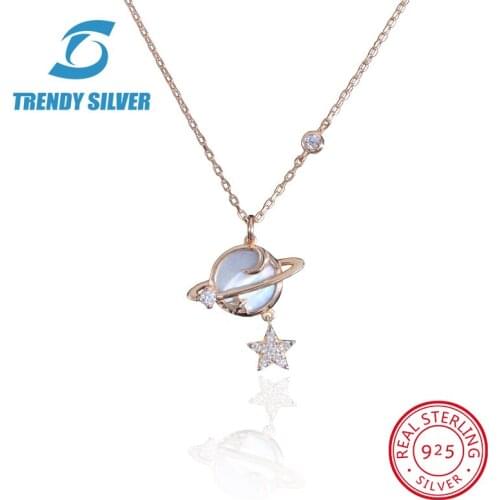 925 sterling silver necklace chain for women woman rose gold plated pendant jewelry pave CZ MOP mother of pearl moon star earth
