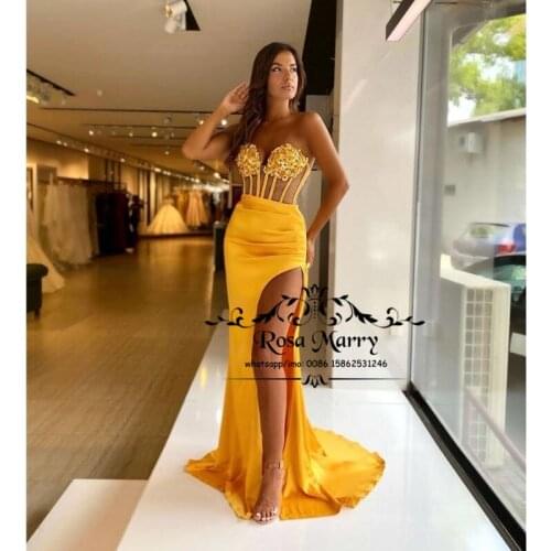 Pink 3D Flowers Mermaid Prom Dresses Corset Plus Size High Split Long Satin Cheap Formal Evening Party Gowns Vestido De Festa