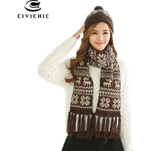 CIVICHIC Winter Christmas Gift Jacquard Knit Hat Scarf 2 Pieces Set Tassel Shawl Xmas Warm Beanies Chic Pompon Headwear SH113