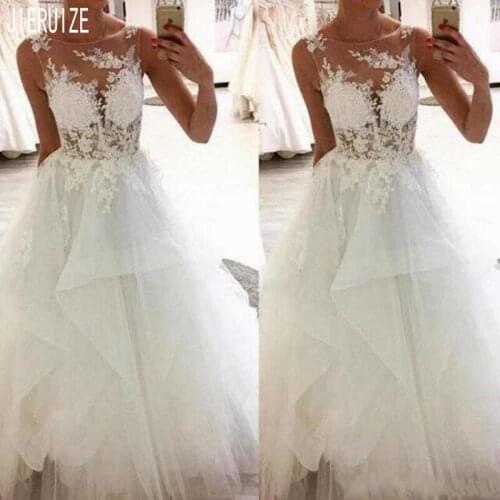 JIERUIZE Chic Boho Wedding Dresses Scoop Neck Sleeves Sexy Sheer A Line Lace Appliques Tiered Bridal Gowns vestido de noiva