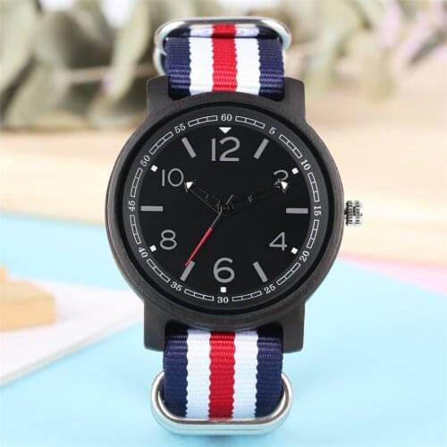 Stylish Ebony/Red Wood Nylon Wristband Mens Watches Quartz Wristwatch Red Seconds Round Dial Natural Wooden Timepiece Male