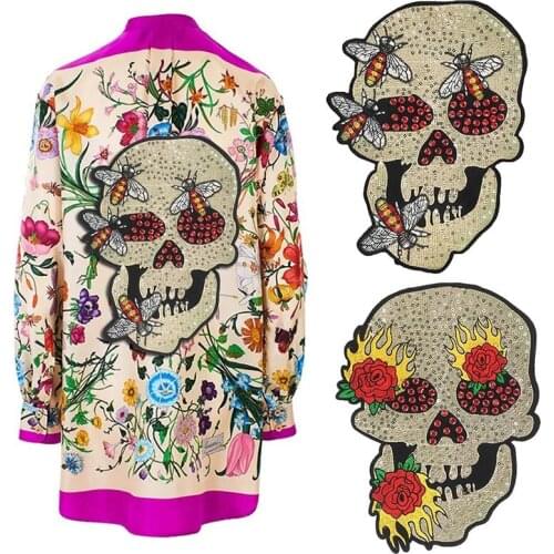 Embroidery Beaded Large Skull Head Patches Motif Applique Sew on Stickers for Jacket Back Punk Bike Badges