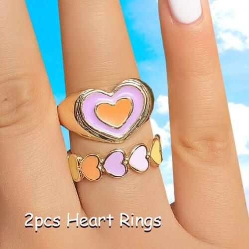 Y2K Jewelry 2pcs Purple Double Heart Rings for Women Egirl Aesthetic Vintage Cute INS Ring Set Charms 90s Fashion Friends Gifts