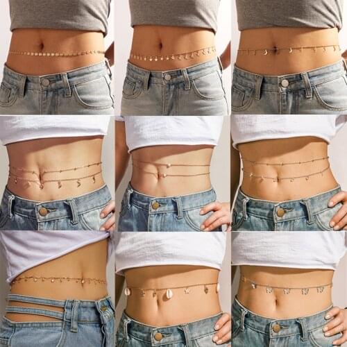 HuaTang Trendy Butterfly Love Heart Pendant Waist Chain for Women Crystal Star Moon Shell Charms Waistband Pants Accessories