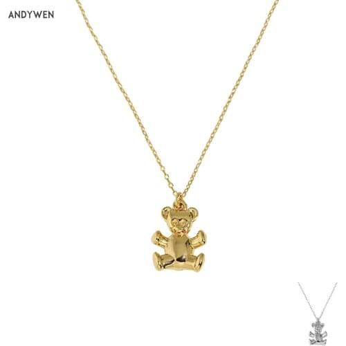 ANDYWEN 100% 925 Sterling Silver Gold Bees Cute Pendant Women Long Chain Necklace 2021 Lady Party Wedding Jewelrys Luxury