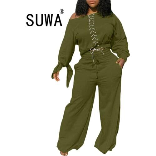 2020 New Product Fall Winter 2 Pieces Outfits Women Clothing Sets Sweatshirt Top Wide Leg Pants Trousers Casual Streetwear