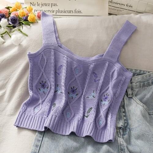 Heliar Women Knitted Crop Tops Ladies Floral Embroidery Cropped Vest Summer Vintage Tank Crop Camis Women Purple Top Summer