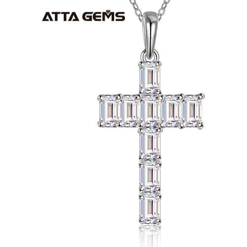 Attagems Handmade Cross Pendant Moissanite Solid Sterling 925 Silver Necklace For Women Luxury Jewelry for Engagement Christmas