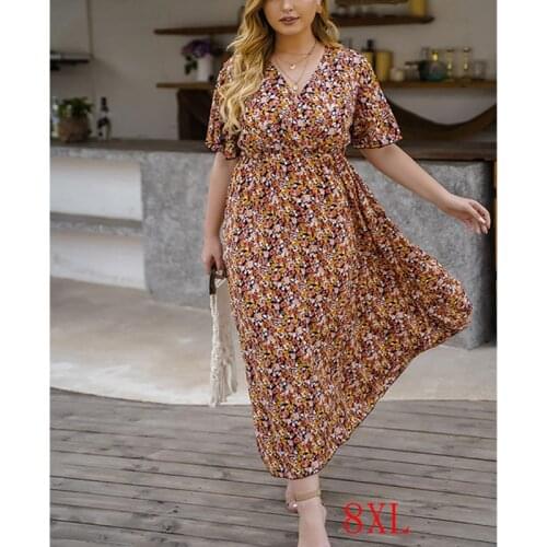 Summer new large size dress 4XL-8XL bust 136CM large size fashion womens sexy V-neck lotus leaf sleeve chiffon floral dress