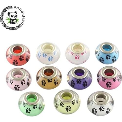 100pcs Mixed Black White Large Hole Dog Paw Pattern Acrylic European Beads With Brass Double Cores Rondelle 14x9mm F80