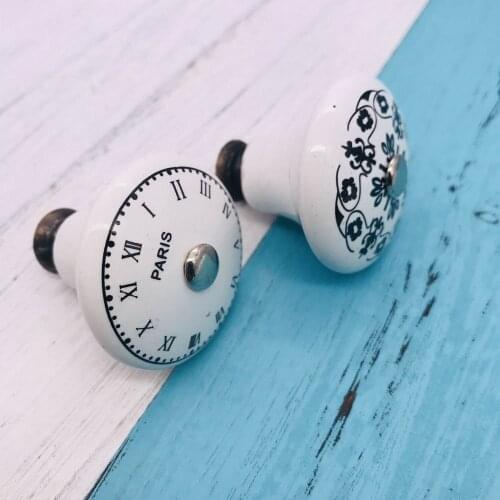 2pcs Knobs France Pairs Clock Shape Hand Painted Ceramic Knobs Cabinet Drawer Pull Pulls Flower shaped Funiture Hardware