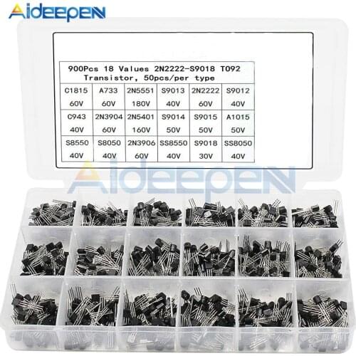 900pcs Transistors Box Pack NPN PNP TO92 Transistor Assorted Kit 18 Values*50pcs 2N2222 2N3904 2N3906 A1015 S9018 S9015 S8050