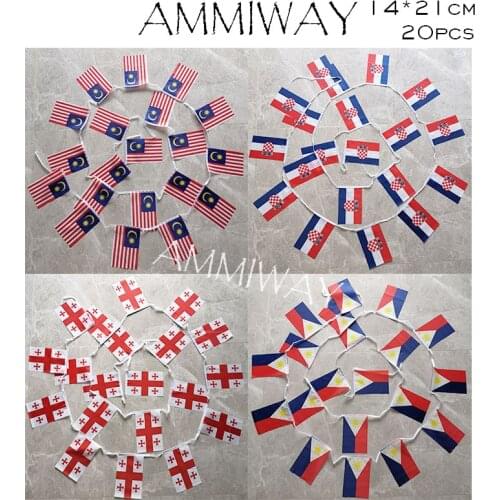 AMMIWAY 14x21cm 20pcs Malaysia Croatia Georgia Philippines Custom Polyester National String Flag World Countries Banner Bunting