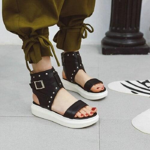 ZawsThia 2020 white black blue open toe punk rock casual flats sandals woman summer shoes platform flat sandals with stud rivets