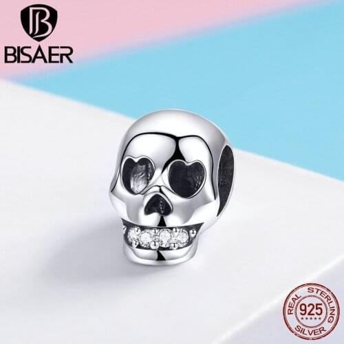 BISAER 925 Sterling Silver Hyperbole Rock Skull Ghost Face Charms Beads fit Bracelet Beads for Silver 925 Jewelry Making ECC965
