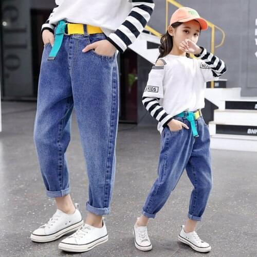 Girls Denim Trousers Childrens Belt Jeans 4-14 Years Old Korean Fashion High Waist Vintage Girl Harem Denim Pants For Teenage
