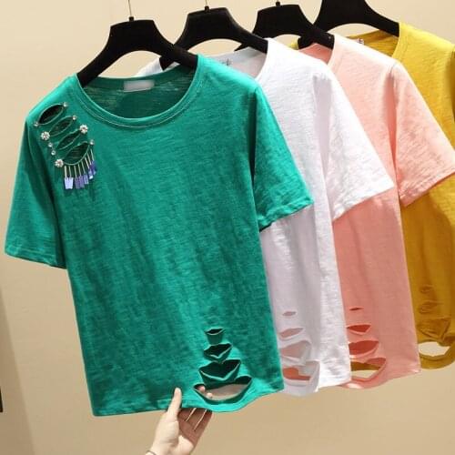 Short Sleeve Tshirt Cotton Shirts Woman New Korean Style Loose Fitting 2XL T-shirt Womens Hollow Holes Tee Tees Students Tops