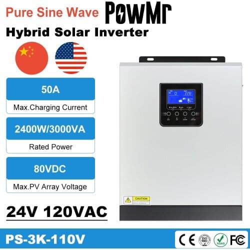3KVA Pure Sine Wave Hybrid Solar Panel Inverter 3000W Converter DC24V to AC110V Battery Built-in PWM 50A AC Charger Controller