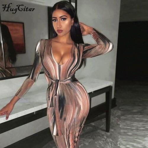 Hugcitar 2019 long sleeve print V-neck bandage sexy long dress autumn winter women christmas party elegant outfits streetwear