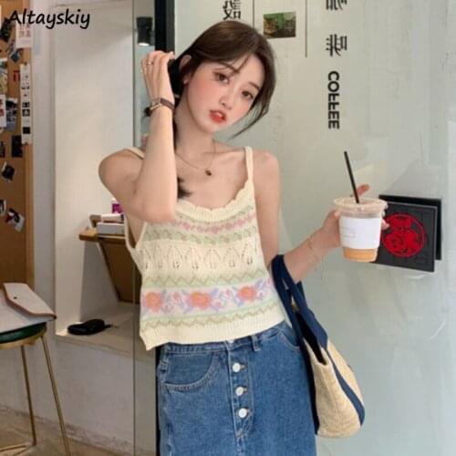 Camisole Women Summer Retro Korean Style Sweet Knitting Loose Leisure All-match Streetwear Gentle Lovely Stylish Female Tops New