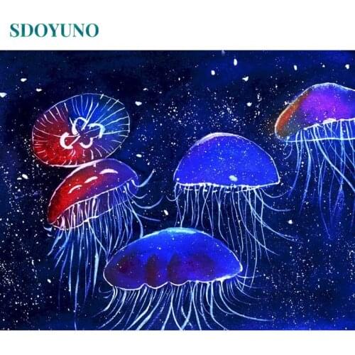 SDOYUNO Oil Paint By Numbers Animals DIY 60x75cm Painting By Numbers On Canvas Frame Jellyfish Hand Painting Home Decor