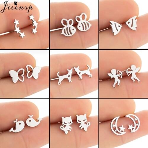 Cute Stainless Steel Stud Earrings Women Kids Small Fashion Star Moon Bee Dog Cat Earings Animal Jewelry Best Gift for Friends