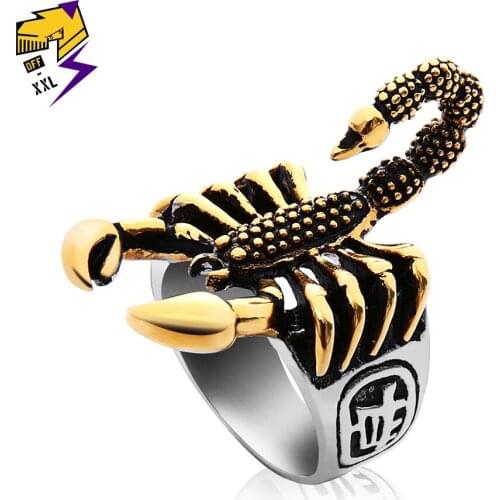 OFF-XXL Punk Vintage Scorpion Pattern Mens Ring Antique Silver Gold Color Round Stainless Steel Titanium Rings for Male Jewelry