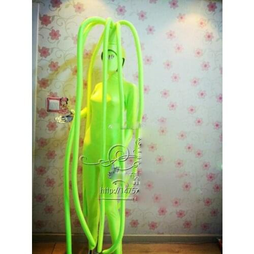 Men women nightclub bar outfit Green jumpsuit with headdress long hair stage dance performance costume