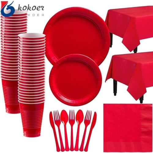 Red Party Set Disposable Plastic Plate Cup Napkin knife Tableware Birthday Party Decoration Baby Shower Christmas Wedding Party