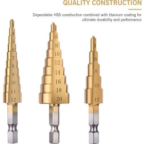 HSS 4PCS Titanium Step Drill Bit Set Drill Bits Set with Center Punch Multiple Hole Stepped Up Bits for Plastic Wood Metal