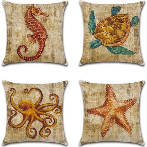 Retro Seahorse Octopus Waist Pillow Cover Sea Turtle Starfish Pillow Case Home Decor Linen Painted Pattern Sofa Cushion Cover