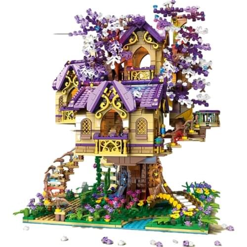 Sakura Fairy Tree House Building Blocks Creative City Street View Series With LED Light Model Bricks Toys for Kids Xmas Gifts