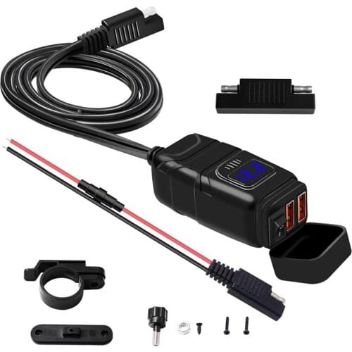 Waterproof QC 3.0 Motorcycles Dual USB Charger Kit with Voltmeter Switch SAE to USB 24W+24W for ATV Bike Snowmobile