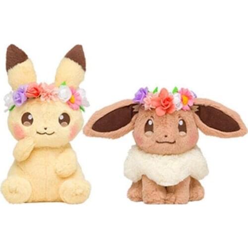 Japan Tomy Anime pocket Pikachu & Eevee with Flower head ring Ver. Plush Toys