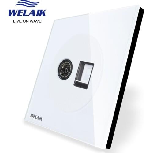 WELAIK Tempering-Glass Panel-UK Wall-TV Socket-Computer-Socket-CAT5 UK-Standard B18TVCOW