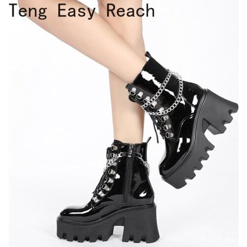 Womens Gothic Chunky Punk Ankle Boots 2021 Women Platform Motorcycle Boots Woman Cool Chain Zipper Ladies Lace Up Female Shoes