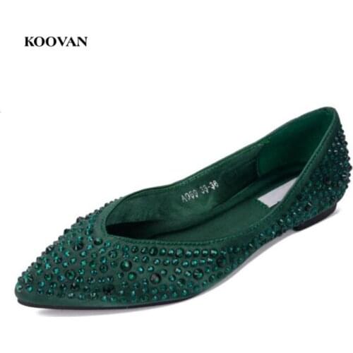 Koovan Womens Flats 2018 Rhinestones Flat Single Shoes Womens Shoes Spring And Autumn New Satin Green Girls Shoes Scoop