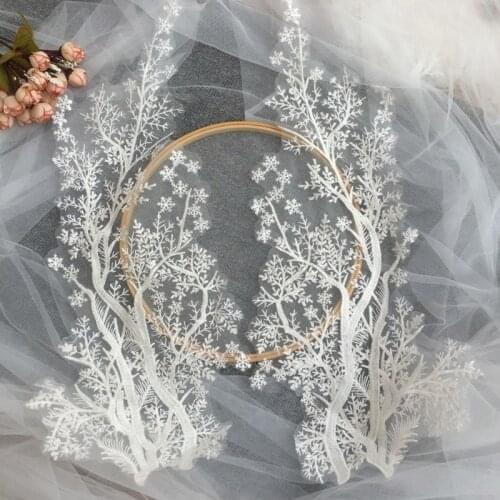 1paris Cotton White Snowflake Embroidery Sequin Appliques Sew on Patches Lace Fabric Neckline Collar Wedding Gown Decoration