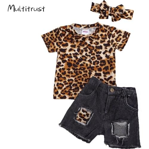 2020 Summer Kids Baby Girls Clothes Sets 3pcs Leopard Print Short Sleeve T Shirts Tops+Denim Shorts Headband 3PCS