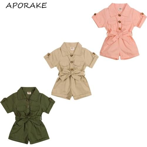 2021 0-5Y Toddler Baby Girl Romper Overalls Fashion Summer Solid Color Button Pockets Solid Short Sleeve Jumpsuit With Bow Belt