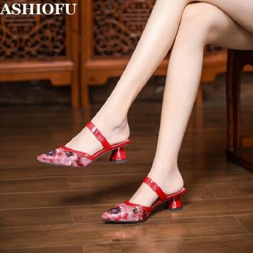 ASHIOFU 2020 Summer New Leather Embroidered Mesh Thick Heel Pointed Womens Shoes Party Evening Elegant Fashion Slipper Shoes
