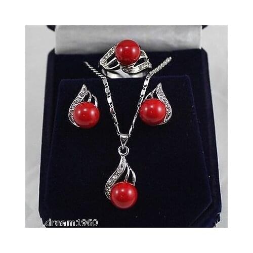 Nobility Quartz crystal 10mm Coral Red South Sea Shell Pearl CZ Earrings Necklace Ring Set Grad