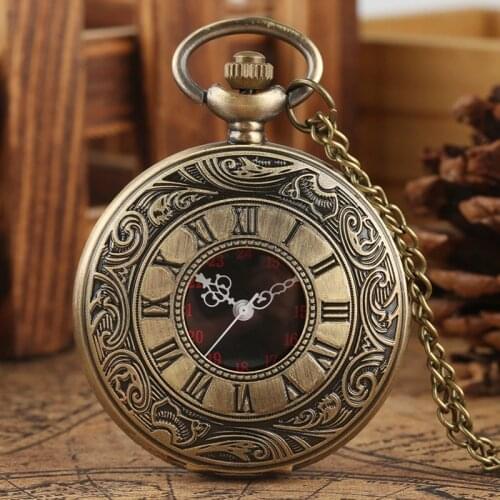 Retro Roman Numerals Dial Quartz Pocket Watch Bronze Hollow Sweater Chain Steampunk Necklace Pendant Antique Gifts for Men Women