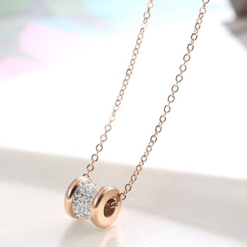 18KGP Cylinder Zircon Titanium Steel Pendant Necklace LIink Chain Fashion 316L Stainless Steel Jewelry for Women (KGN005)