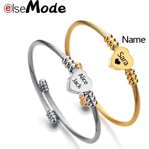 ELSEMODE Custom Engrave Name Heart Stainless Steel Charm Bangles Gold Color Wire Open Adjustable Cuff Wristband Jewelry