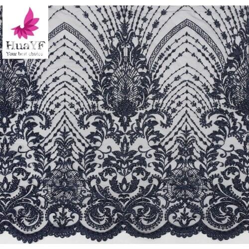 Hot Sale African Navy Blue Heavy Handmade 3D Beaded Sequence Lace Embroidery Asoebi Dress Fabric HY1268-2