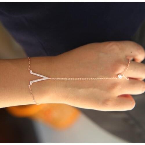 Delicate 100% 925 sterling silver factory V charm sparking micro pave clear cz link chain long hand bracelets slave bracelet