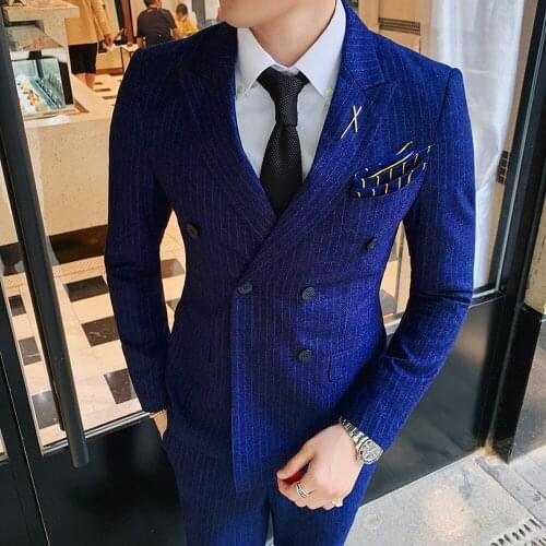 Three Piece Blazer Suits Set British Striped Mens Double Breasted Business Casual Wedding Groom Jacket Coat Vest Pants Trousers